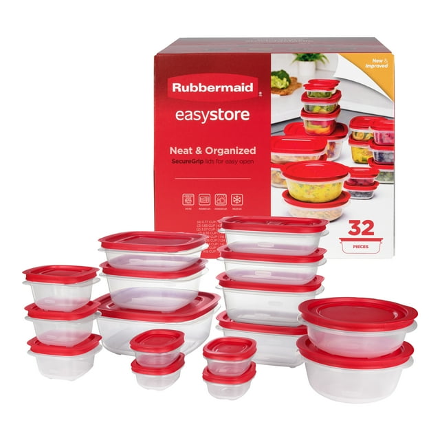 32-piece Rubbermaid EasyStore set featuring clear rectangular, square, and round food storage containers with red SecureGrip lids for organized kitchen storage.