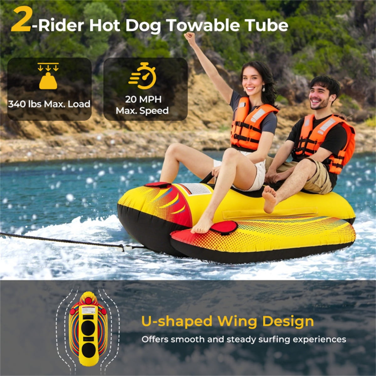 Inflatable Banana Boat Towable Tube for 1-2 Riders 340 LB Capacity 73x40x23 Inch Yellow Water Sports Toy for Lake Ocean River Boating Family Fun Summer Water Toy with Boston Valves
