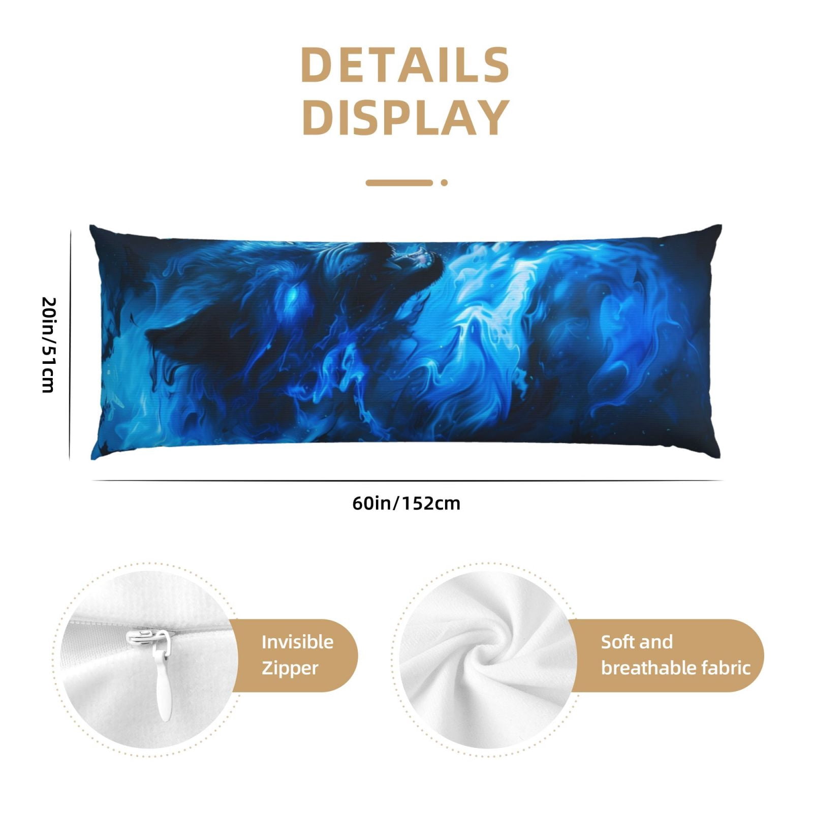 Naloa Blue Fire Cool Wolf Super Soft 20x60 Body Pillow Case,Long Side Hidden Zipper（PILLOWS ARE NOT INCLUDED）
