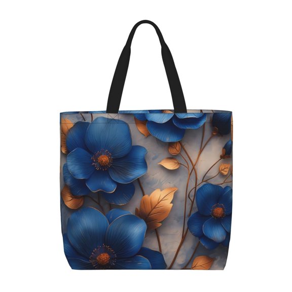 Hirioo Elegant Blue Gold Blooms for Tote Bag for Women, Quilted Shoulder Bag with Zipper, Large Capacity Handbags for Casual, Travel, Work