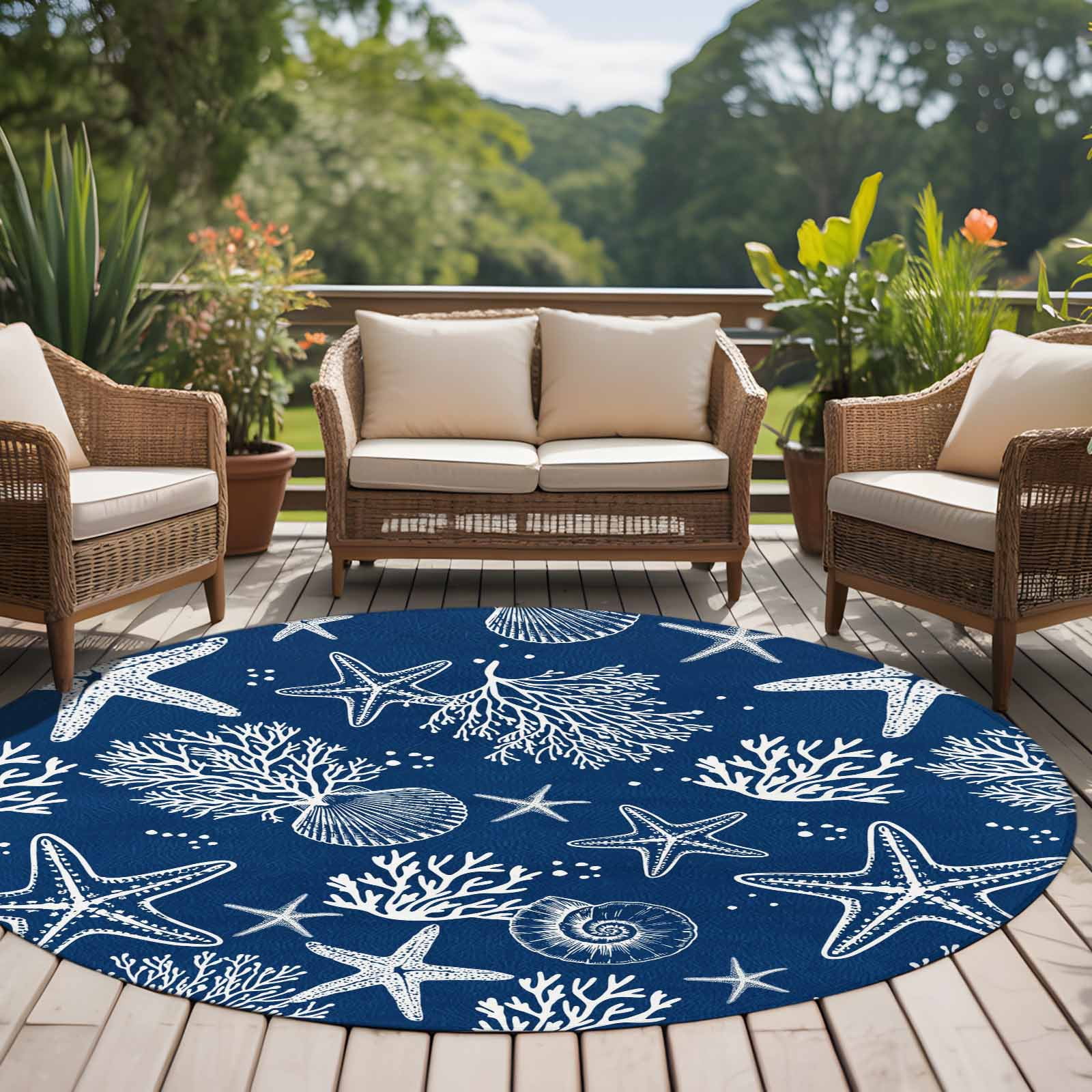 Navy Blue Coastal Round Area Rug 5Ft Washable Circle Rugs for Living Room Bedroom, Nautical Beach Starfish Coral Summer Non-Slip Carpet Floor Mats Indoor Outdoor Carpet Runner Aesthetic Home Decor