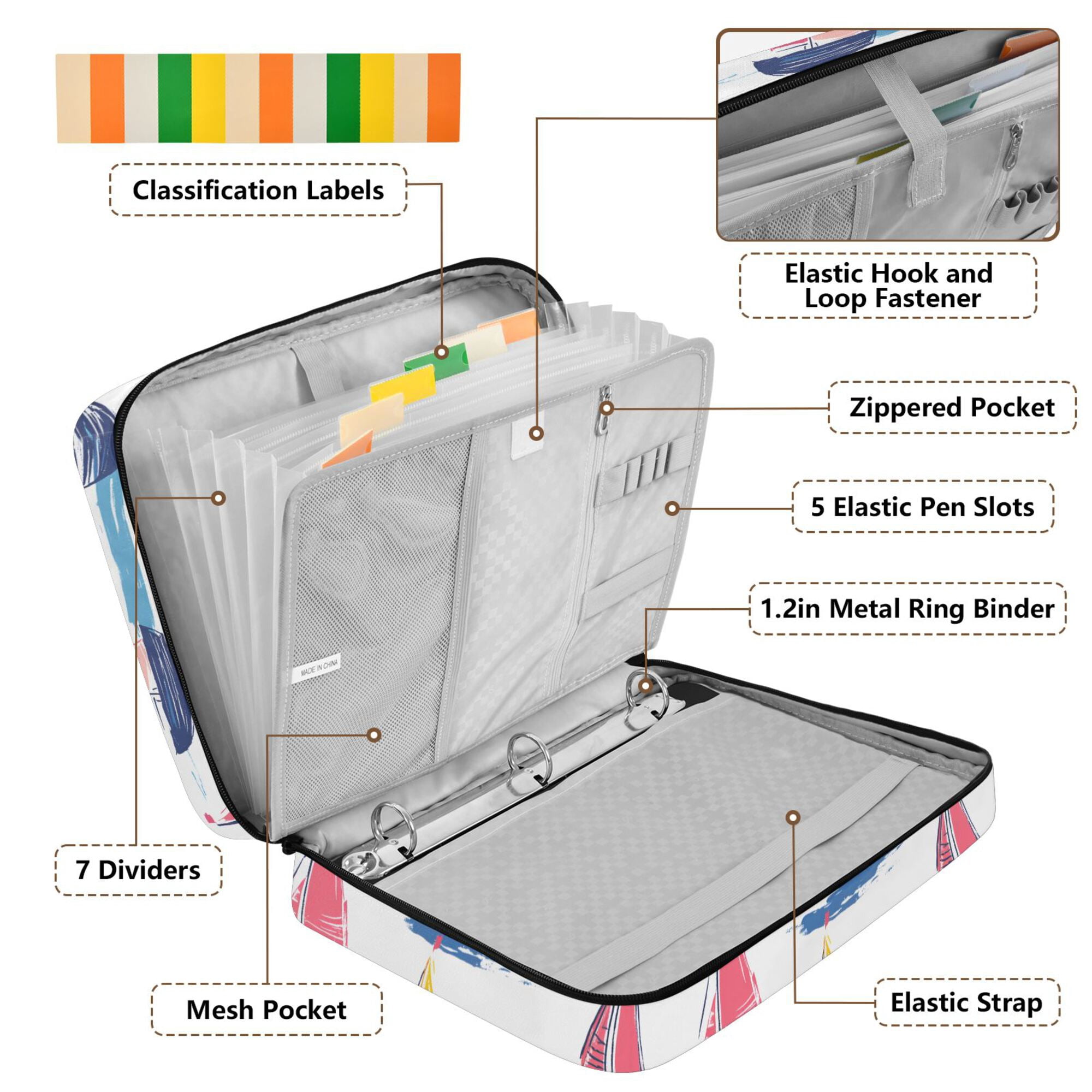 FORMRS Accordion File Folder A4 Size 7-Pocket Expanding Document Organizer Bag with 3 Ring Binder, Pink Hand Drawn Sailboats