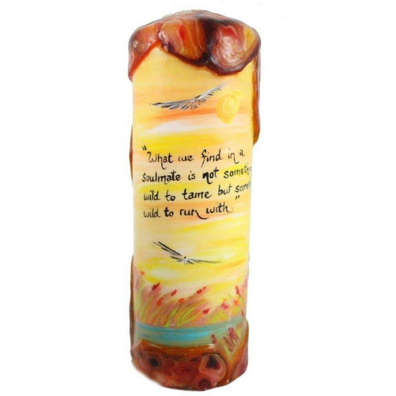 Quote Pillar Candle - "What we find in a soulmate is not something wild to tame, but something wild to run with" Robert Brault