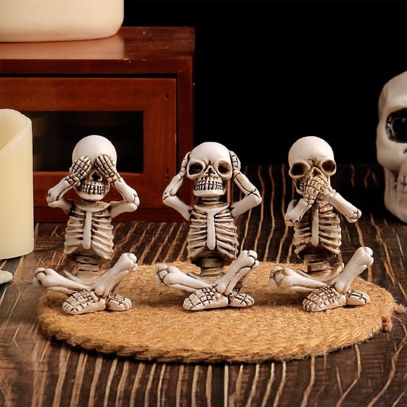 Aufmer 12 Pcs Resin Halloween Skeleton Statue Set, Three Monkeys Horror Decor, Spooky Tabletop Display for Home & Office, 3.14x1.96x1.37in(White)