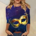 thumbnail image 2 of QATAINLAV Holiday Deals 3/4 Length Sleeve Womens Mardi Gras Tops Sequin Print New Orleans Carnival Themed Tee Shirt Fat Tuesday Parade Blouse Multicolor L, 2 of 6