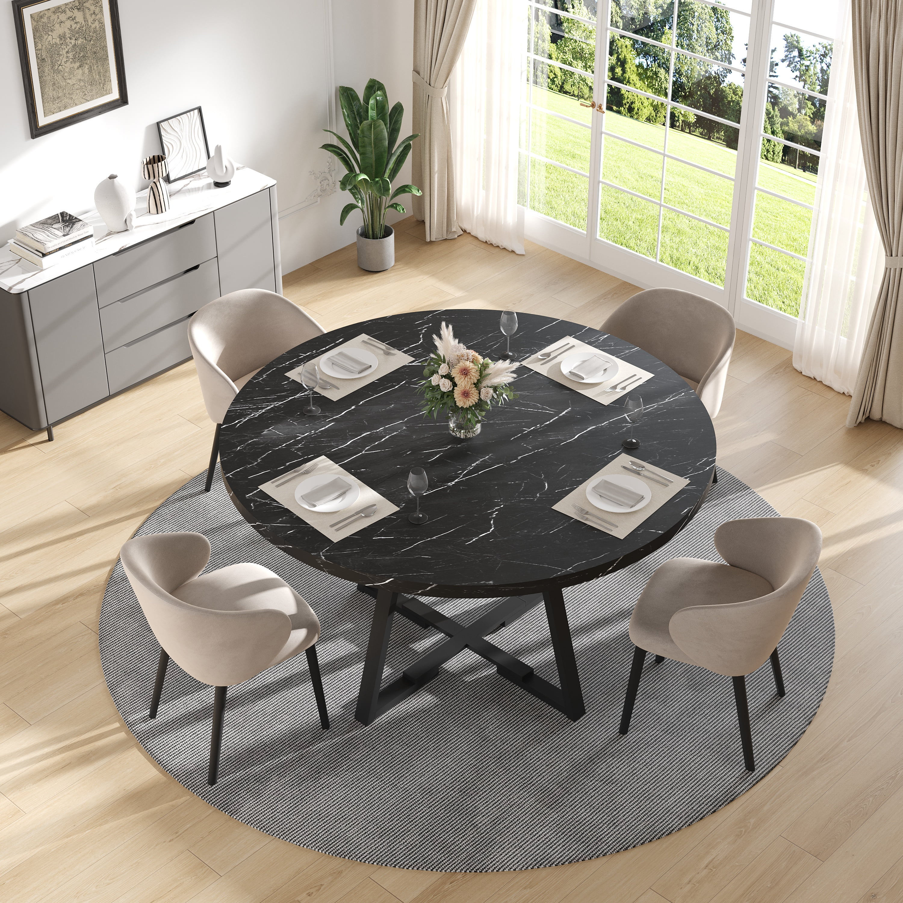 PAPROOS Round Dining Table, 43'' Faux Marble Dining Table with Storage Shelf, Circle Dining Table for Dining Room, Modern Kitchen Table for 4 People, Black(Only Table)