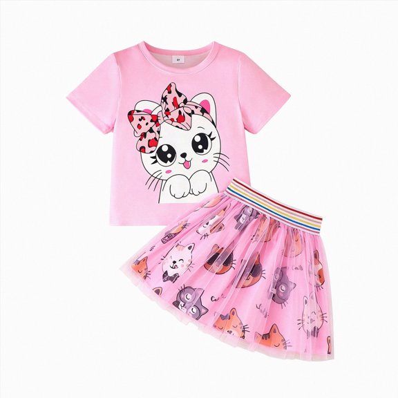 mgoYE Girls Skirt Set 2 Piece Outfit Toddler Summer Clothes Ruffled Sleeve T-Shirt Bow Knot Tutu Skirt Outfit Set 4t 5t 6t 7t(Pink,6-7 Years)