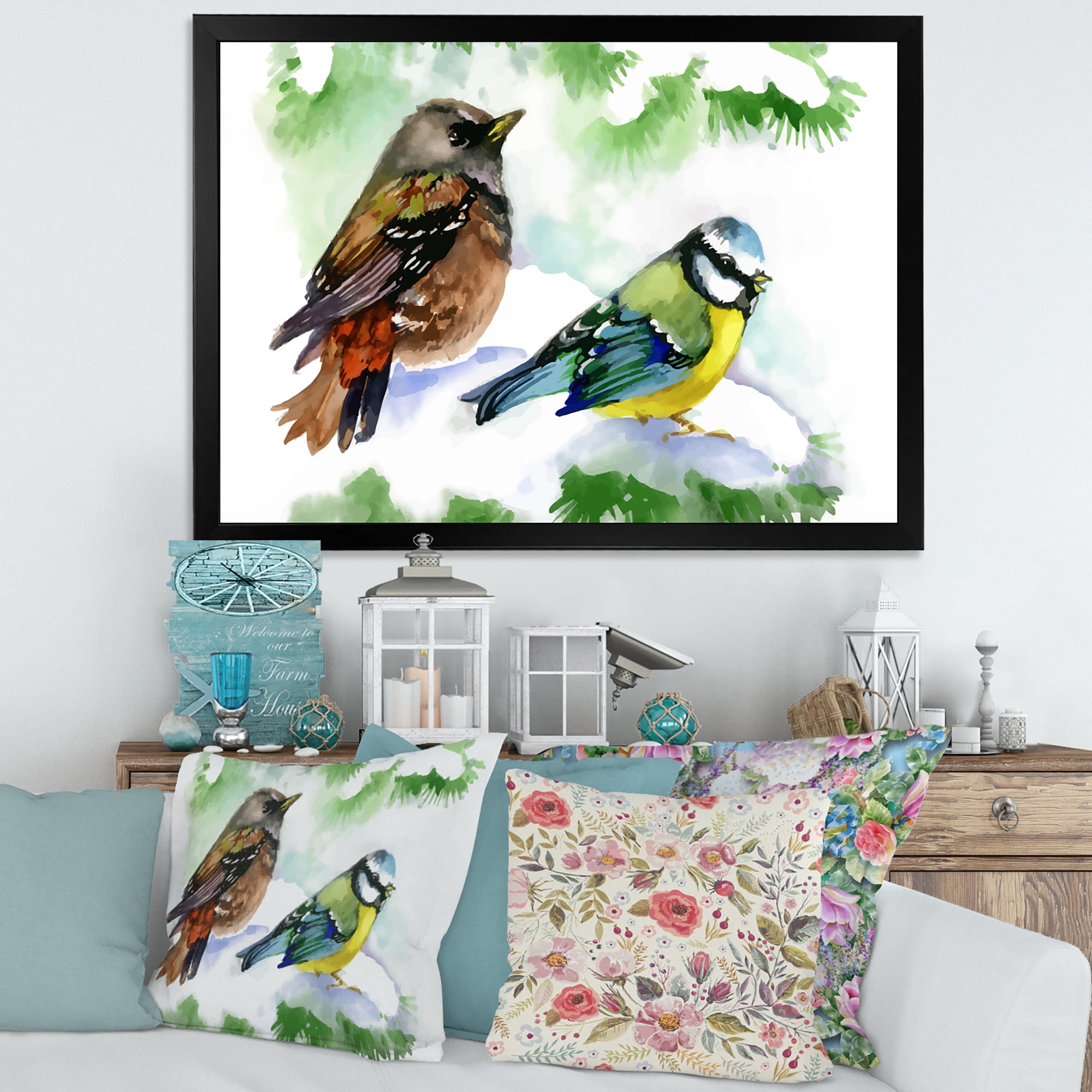 Designart 'Forest Birds Sitting On Snowy Fir Tree Branch' Traditional Framed Art Print
