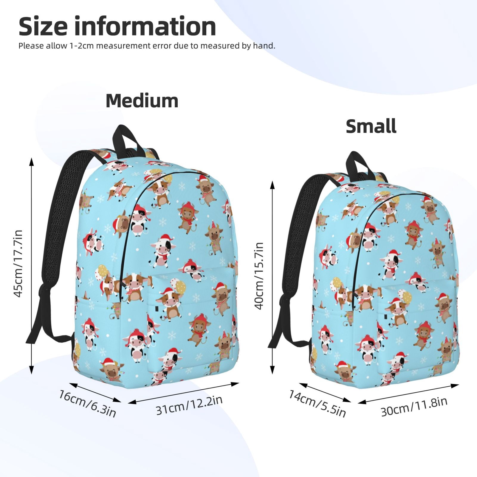 Vsdgher winter cow cute Print Canvas Backpack Travel Rucksack Unisex Knapsack 15.7/17.7Inch Laptop Backpack for Work,College -Small