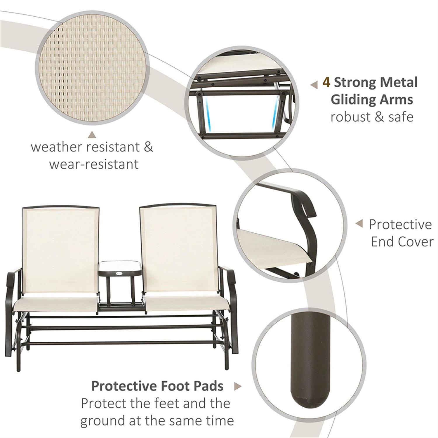 Demi Bonn Outdoor Glider Chairs with Center Table, Metal Frame Patio Loveseat Bench with Breathable Mesh Fabric and Armrests for Backyard Garden Porch, Beige