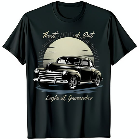 Vintage 1940s Black T-Shirt with Sunset Background & Retro Text