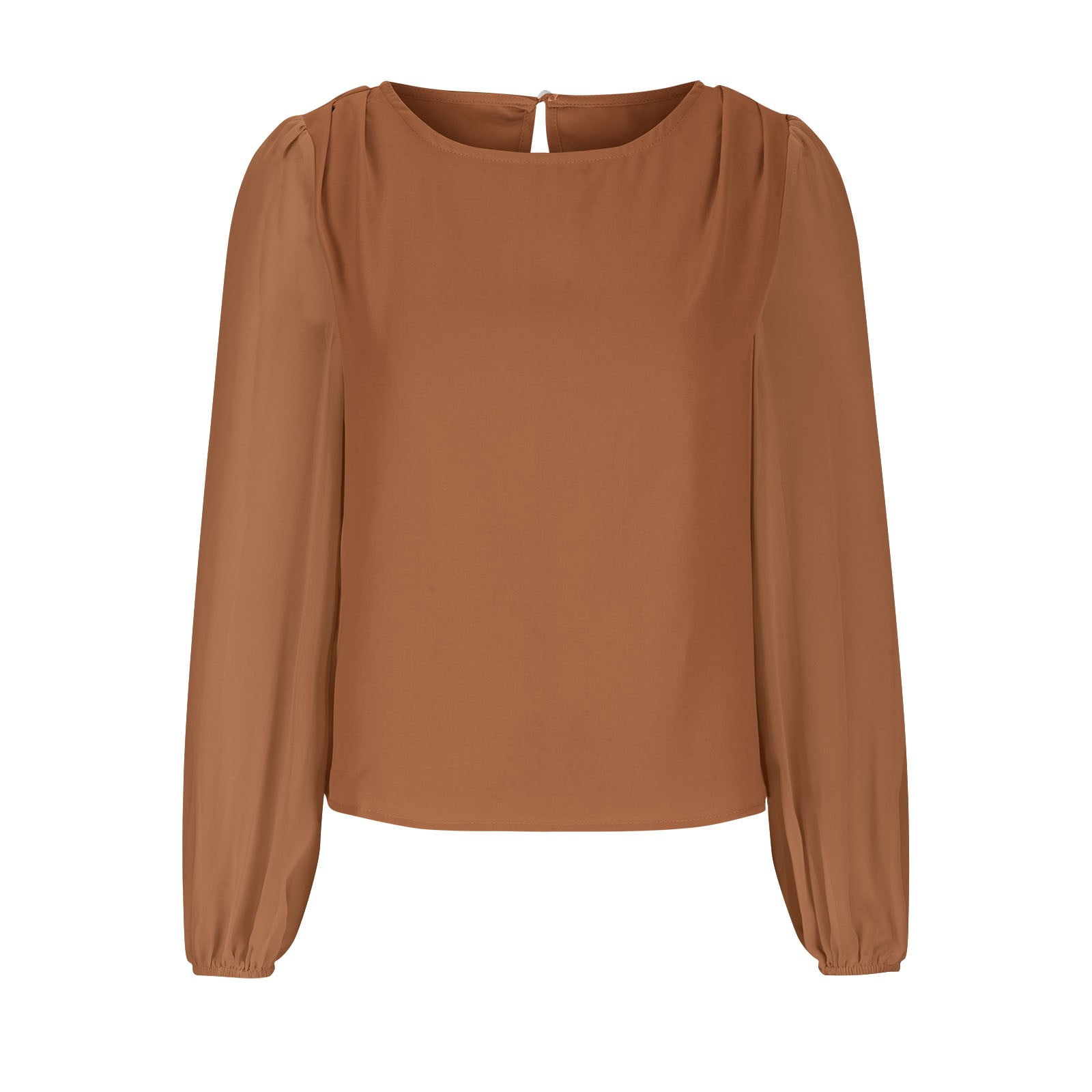 Timegard Hauts pour Femmes en Chiffon à Manches Longues Bouffantes Col Rond Froncé Dos Boutonné T-Shirts Décontractés Amples