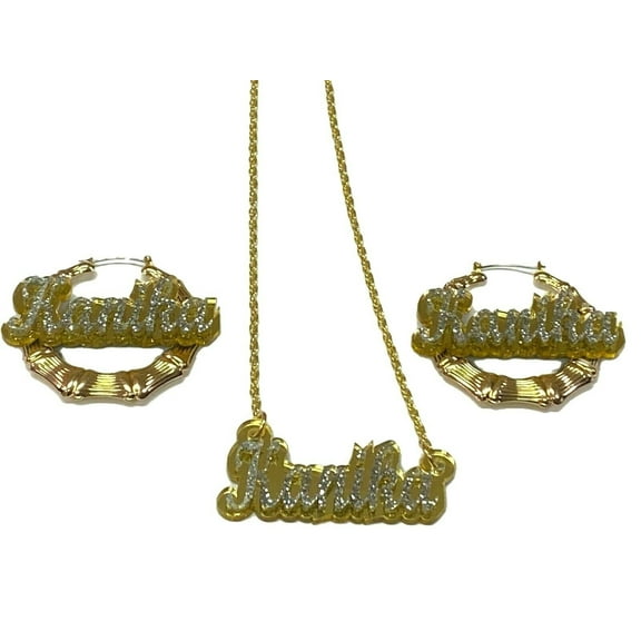 Matching Necklace With Quality Gold Chain and Size Choice Bamboo Earrings Name Plate Jewelry Set, Color Background Selection Personalized Any Name Custom Made To Order