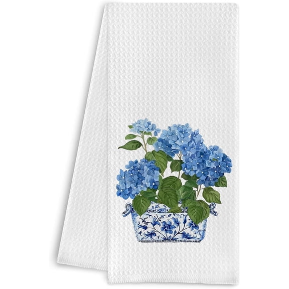 Chinoiserie Kitchen Towels 16x24 Inches - Blue and White Hydrangea Floral Dish Towels, Decorative Hand Towels for Bathroom and Kitchen