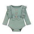 thumbnail image 2 of Toddler’s Autumn Clothes, Solid-Color Round-Neck Ruffle Long-Sleeves Rompers with Bowknot for Baby Girl, 0-18 Months, 2 of 4