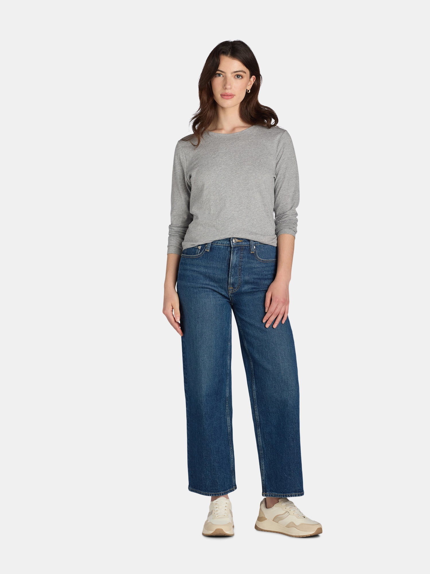 Time and Tru Women's Cotton Crewneck Tee with Long Sleeves, Single and 3 Pack, Sizes XS-XXXL