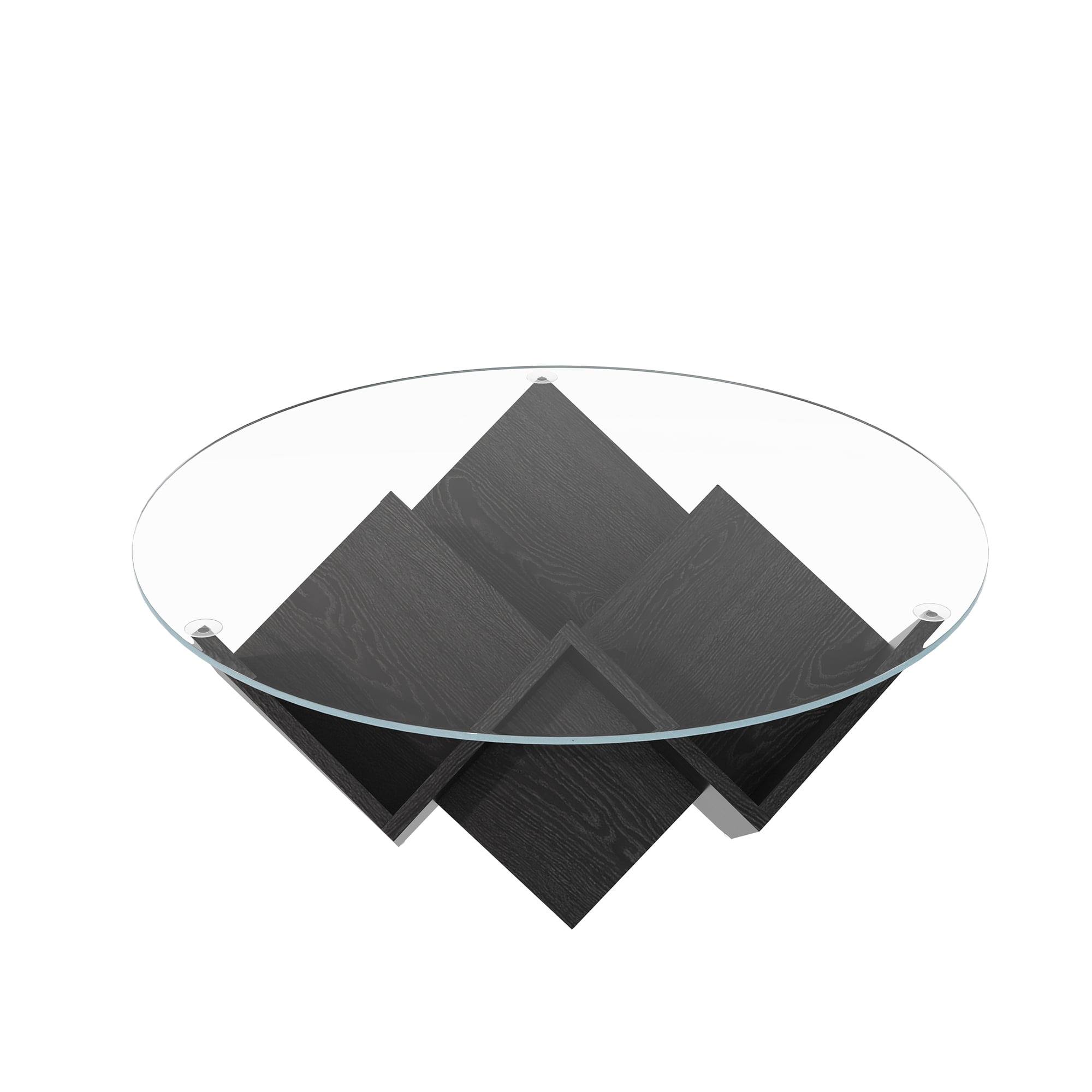 35.4" Round Coffee Table with Tempered Glass Top, Geometric Design Accent End Table with Abstract Art Deco Storage Shelves Base
