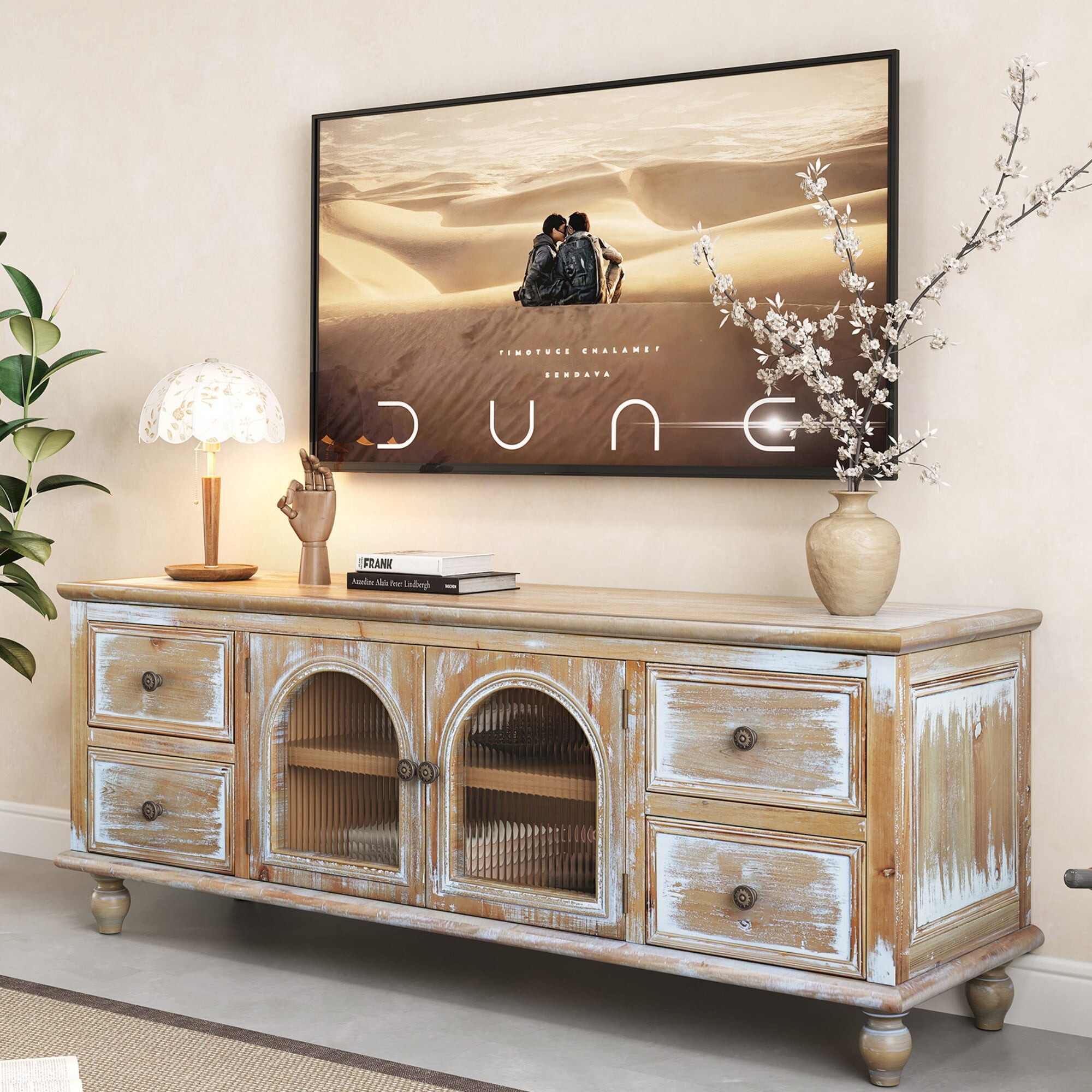 DEALTOPS 60 Inch Farmhouse TV Stand with 4 Drawers & 2 Glass Doors, Rustic Media Console – Natural Oak