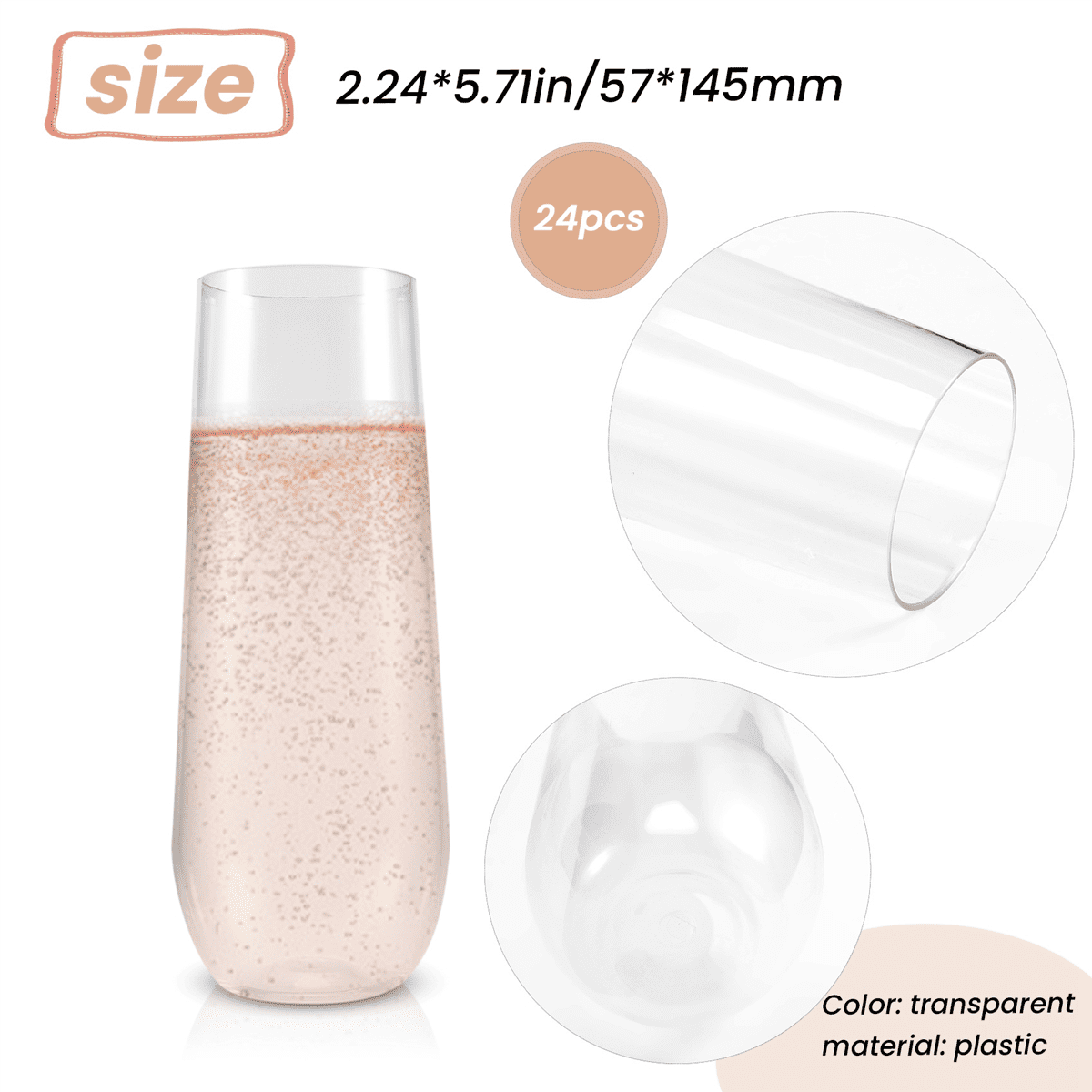 24 Stemless Plastic Champagne Flutes - 9 Oz Glasses Clear Unbreakable Toasting Disposable for Wedding Or
