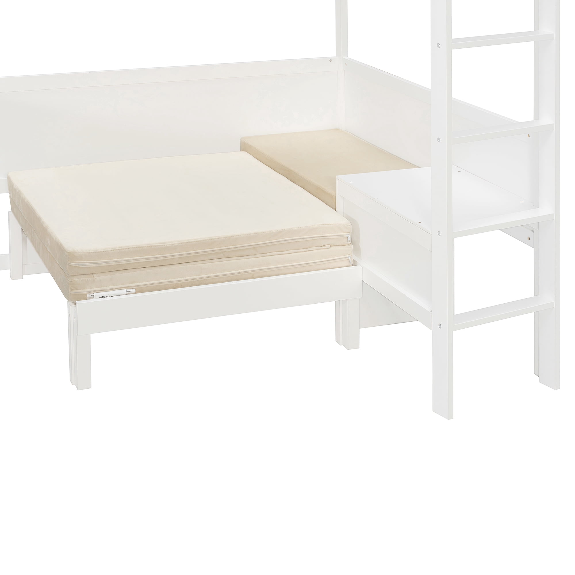 Full Size Wood Loft Bed with Desk, Bedside Storage Shelf, Sofa and Light, Space Saving Loft Bed with Rotating L-Shaped Desk for Bedroom Home Office Studio Apartment, White