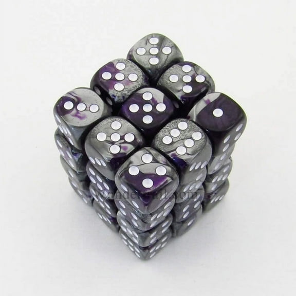 Purple and Steel Gemini Dice with White Pips D6 12mm (1/2in) Pack of 36 Chessex