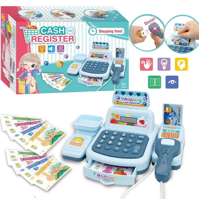 LOVEVER Ressources d'Apprentissage Calculatrice de Jeu d'Imitation Caisse 3+ Développe les Habiletés Mathématiques Précoces Caisse pour Enfants Jouet Caisse Jouet d'Argent pour Enfants Noël Bi