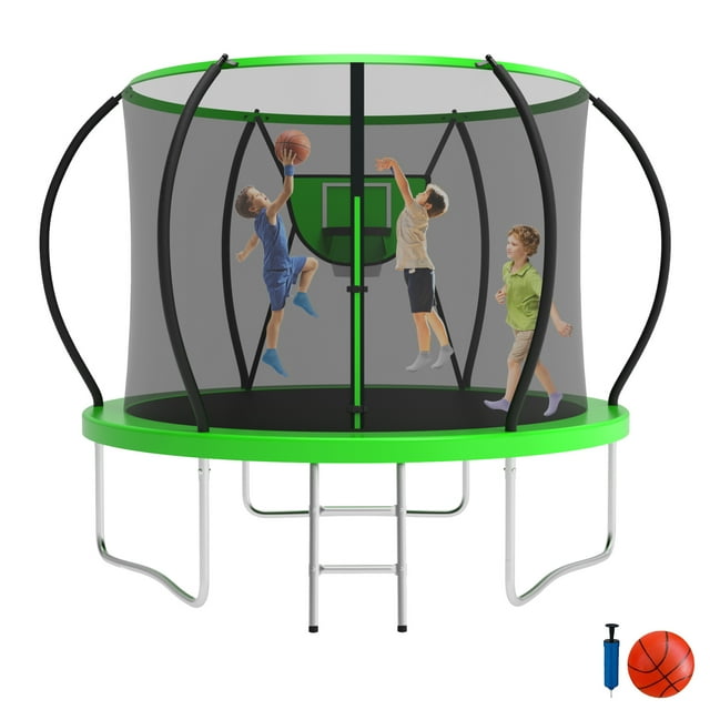 Jump Into Fun Trampoline, Trampoline de 8 Pi 800 Lb pour Adultes et Enfants, Trampoline avec Enceinte, Panier de Basketball et Ballon, Trampoline Extérieur Robuste en Forme de Citrouille