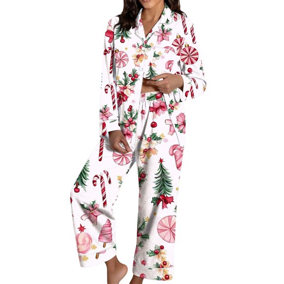 Aellinatey Christmas Pajamas Women's Two-Piece Christmas Pajamas Long Sleeve Button Shirt and Pants Set Home Clothes