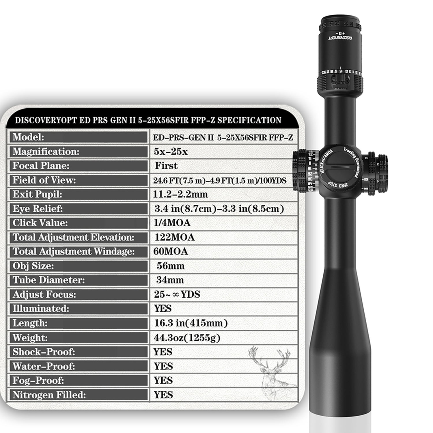 DISCOVERYOPT ED-PRS GENⅡ5-25X56 Riflescopes Zero Stop Illuminated Front Focus Hunting 34MM Tube