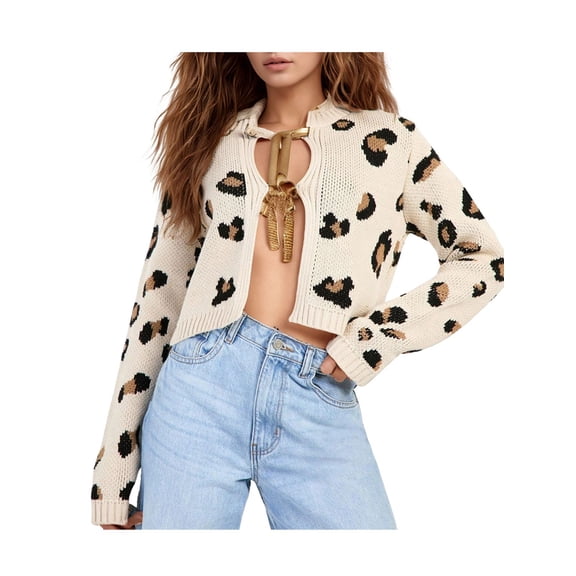 Women'S Crop Leopard Print Cardigan Tie Front Knit Long Sleeve Y2k Bo-W Sweater Apricot Color M