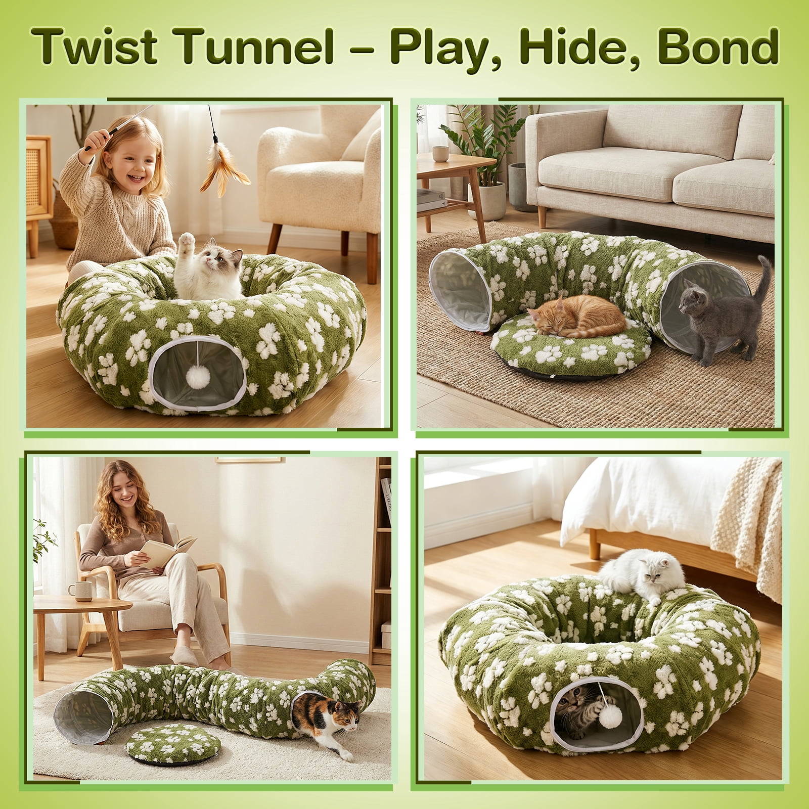 Hutact 3-in-1 Cat Tunnel with Cushion, 34" Soft Pet Bed Collapsible Plush Donut Cat Cave Hideaway, Multi-Shape Tunnel, Peekaboo Playground Toys for Indoor Cats Kittens Sleep Play Exercise, Green