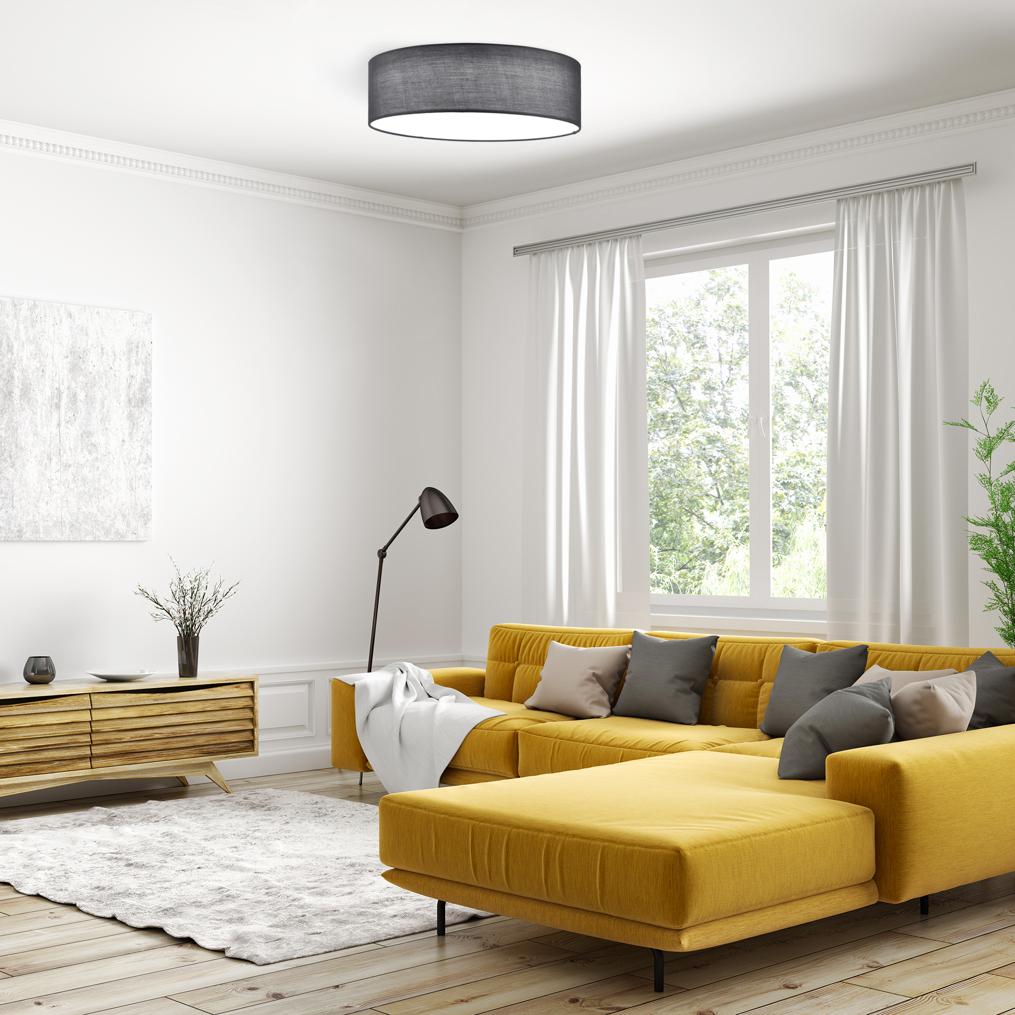 Navaris Flush Mount Ceiling Light - 15.75" Diameter Drum Lamp Shade LED Fixture with Remote Control for Bedroom, Living Room, Kitchen - Dark Gray