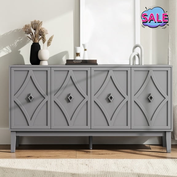 Hassch 59 inch Large Buffet Sideboard, Modern Storage Cabinet with 4 Doors, Cupboard with Adjustable Shelves, Coffee Bar Cabinet, Credenza for Kitchen, Dining Room, Living Room, Black & Gray