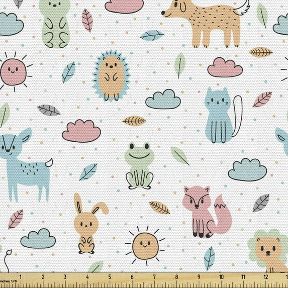 Cartoon Fabric by the Yard, Hand Drawn Animals Like Cat Dog Rabbit Fox and Hedgehod Along Sun Clouds and Leaves, Decorative Upholstery Fabric for Chairs & Home Accents, Multicolor by Ambesonne