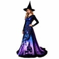 thumbnail image 3 of Women Halloween Witch Maxi Dress, Long Sleeve V Neck Lace Cuff A Line Floor Length Dress, Gothic Haunted House Printed Evening Party Dress, 3 of 6