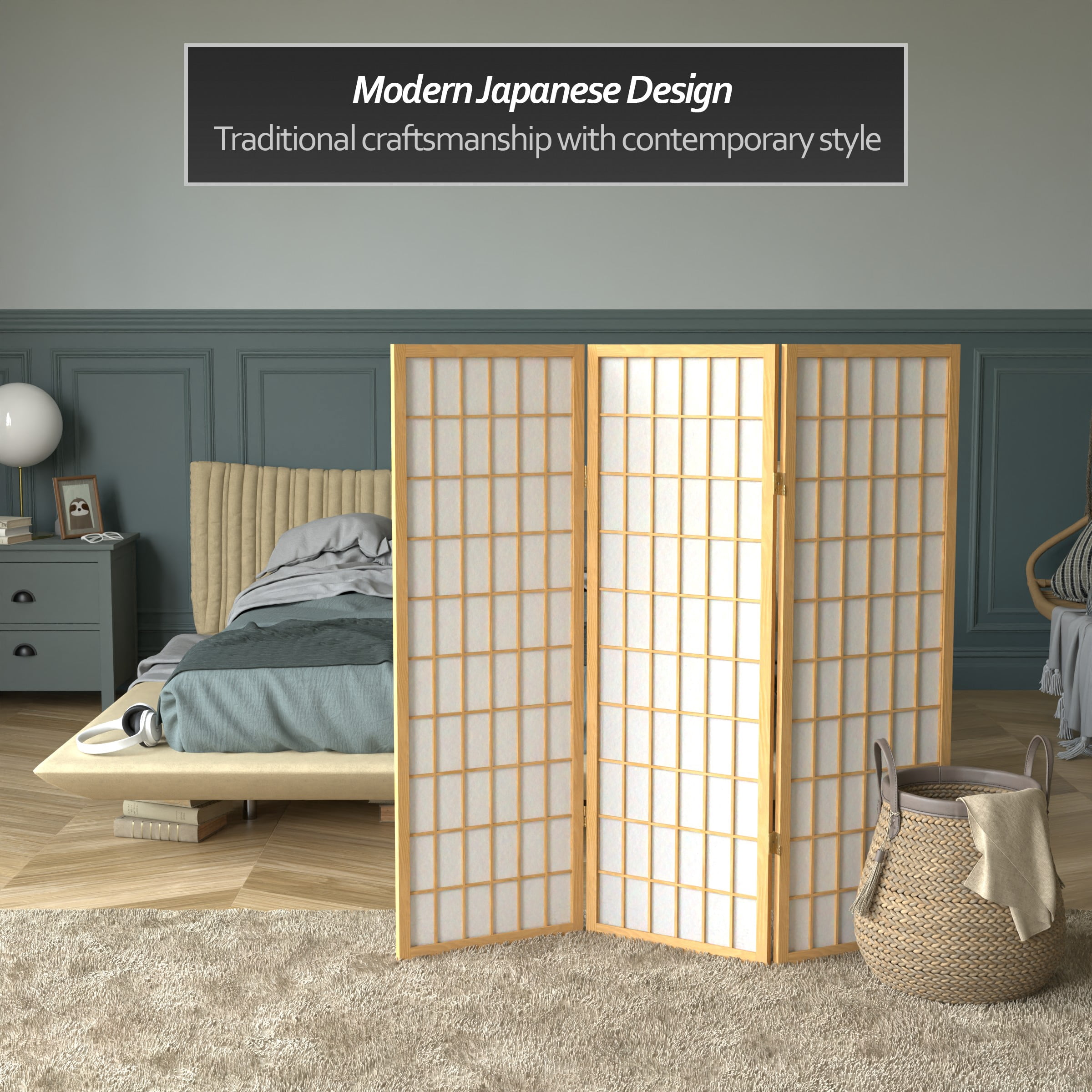 4 ft. Tall Window Pane Shoji Screen - Natural - 3 Panels