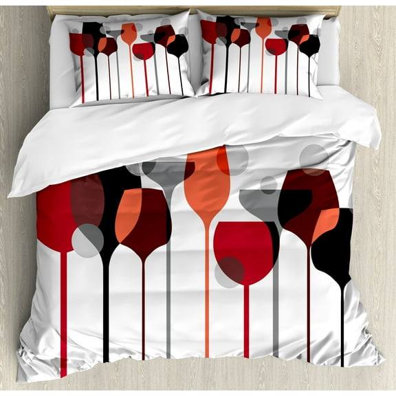 Ambesonne Wine Duvet Cover Set, Abstract Glasses, Calking, Red Grey Black