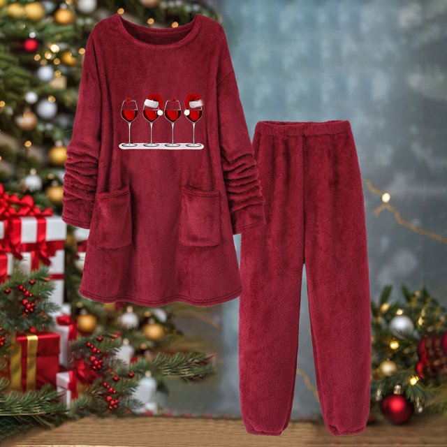 Puntoco Conjunto de pijama cómodo para mujer, conjunto informal de dos piezas de color liso con cuello redondo y costuras largas, parte superior y pantalón