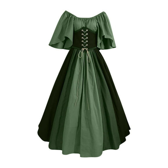 QIPOPIQ Holiday Dresses for Women Short Sleeve Trendy Middle Ages Vintage Summer Dress Color Matching Off Shoulder Dress 2023 Deals