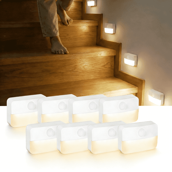 8 Pack Motion Sensor Stair Lights, Battery Operated Hallway Lights, Wireless Sensor Night Lights for Bedroom Cabinet Hallway