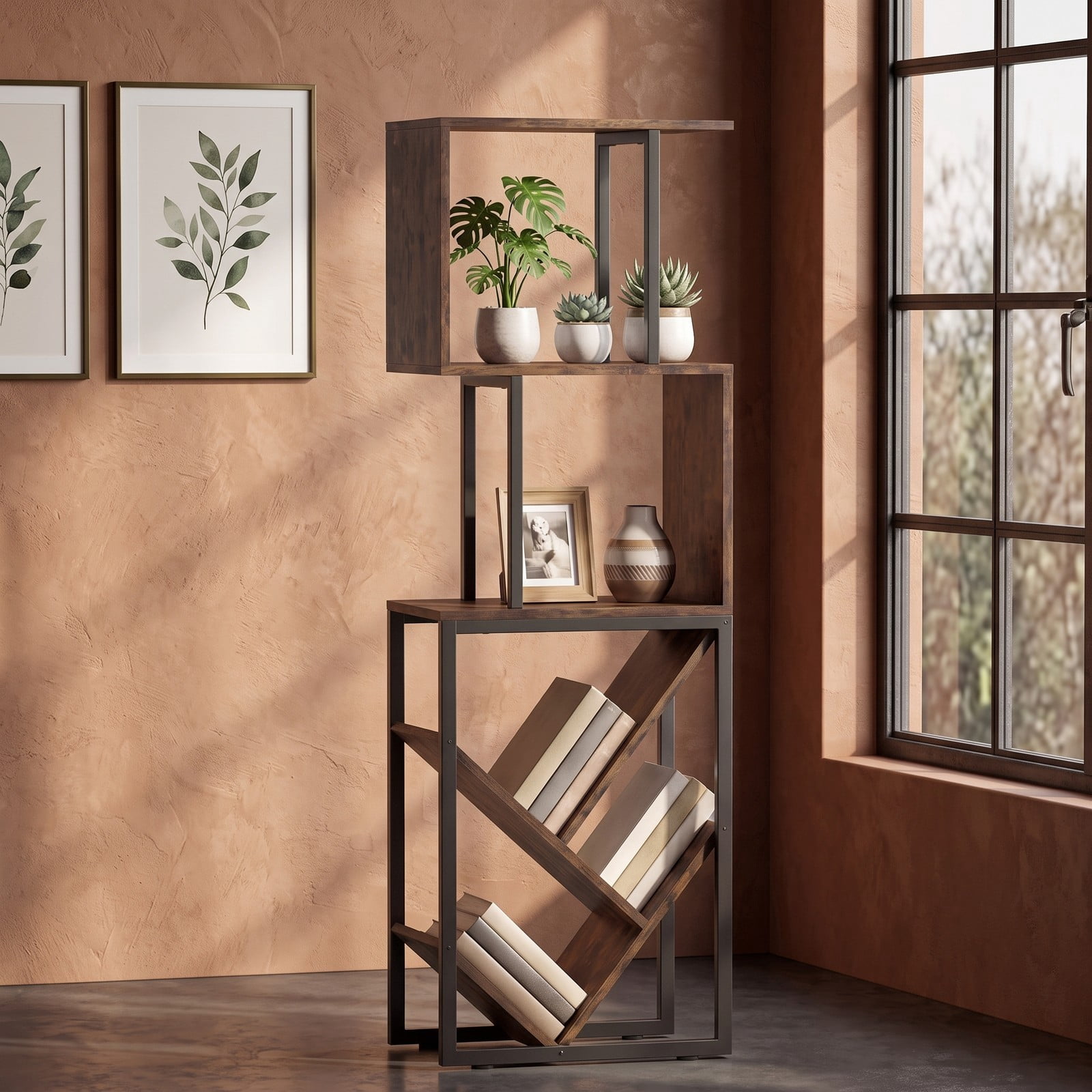 Furnibear 6-Tier S-Shaped Bookshelf, Tree Geometric Bookcase Floor Standing Storage Rack with Open Shelves and Anti-Tip Kit for Living Room, Rustic Brown and Black