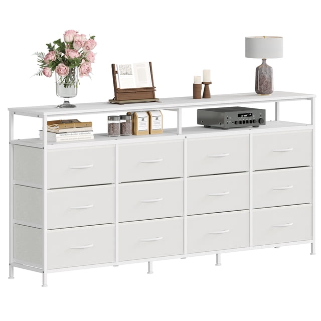 Centre de Divertissement de 63 Pouces avec 12 Tiroirs en Tissu, Commode Meuble Télé avec Étagères Ouvertes, Console Multimédia Moderne Commode, Cadre en Acier Robuste, Rayure Tigre/blanc/noir
