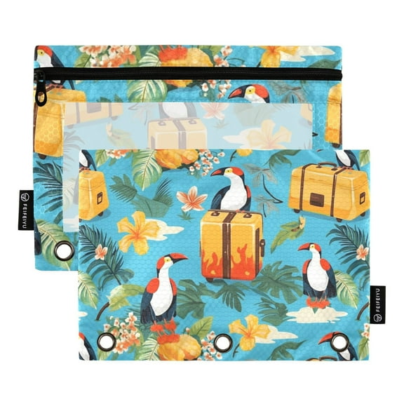 Toucans Birds on Luggage 2 Pack Pencil Pouch for 3 Ring Binder Smooth Zipper Folders with Pockets Clear Window Pencil Case