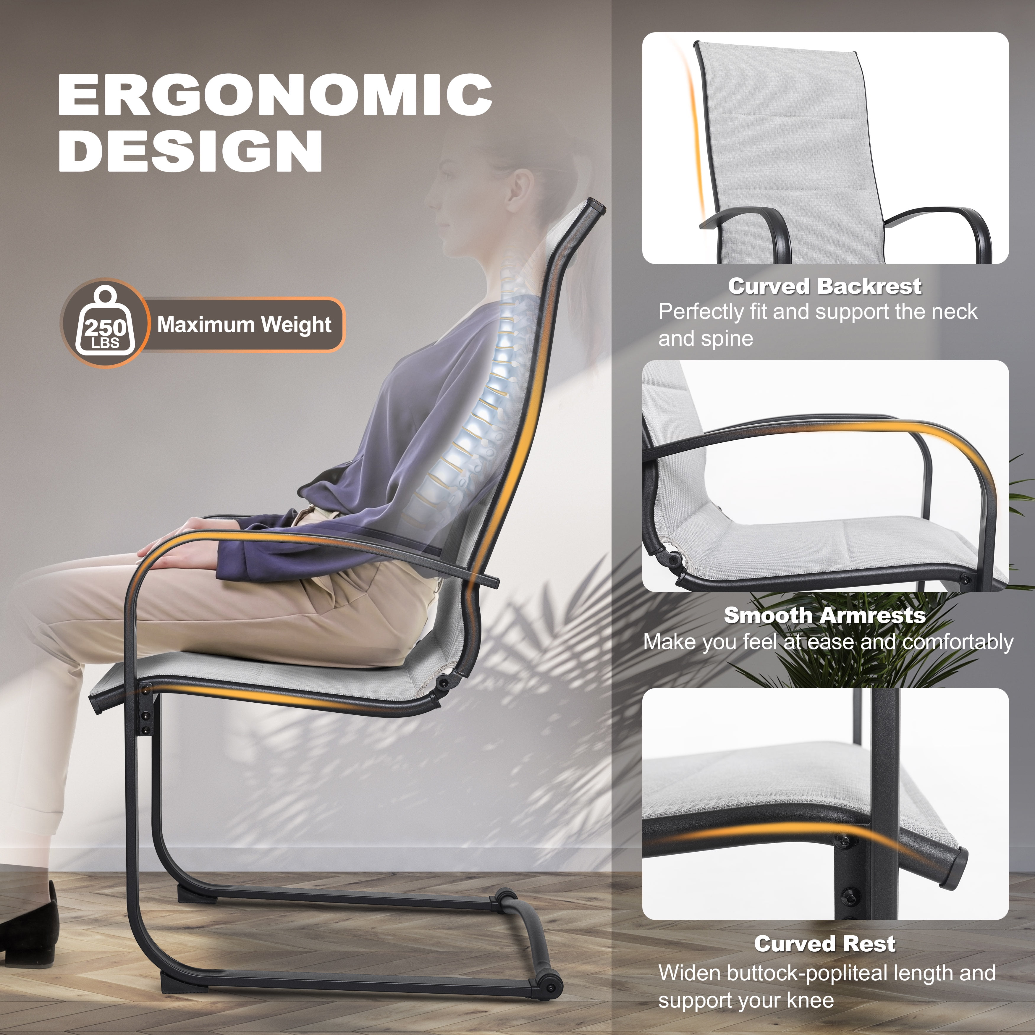 Nuu Garden Patio Dining Chairs Set of 2, High Back Padded Textilene Patio Outdoor Chairs, Breathable Spring Motion Textilene, Gray