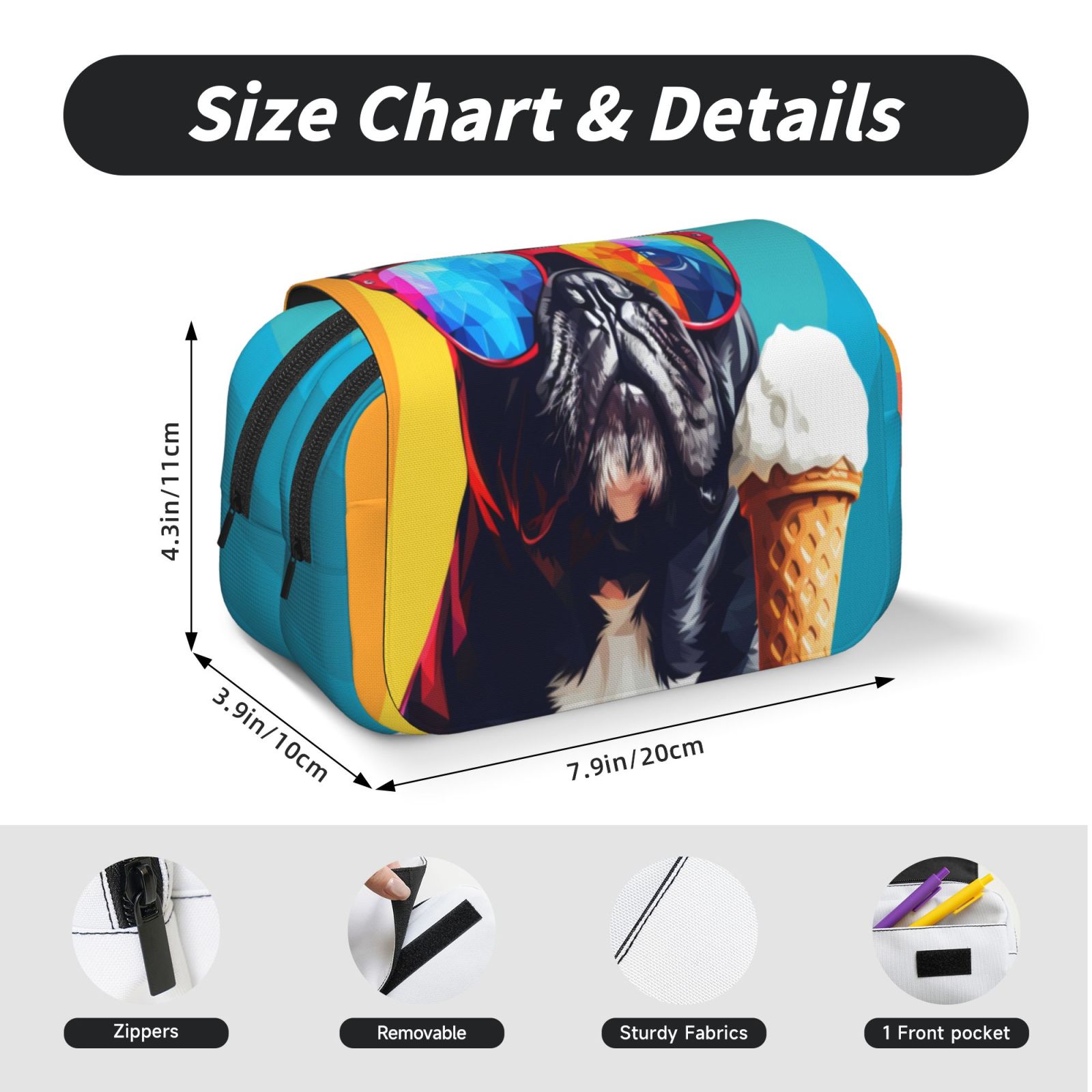Rateoe Rainbow Bulldog Sunglasses Pattern Double Clamshell Pen Case, Storage Organizer with Two Zipper Compartments– Holds Up to 50 Pencils & Pens