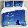 thumbnail image 1 of Sailboat King Size Duvet Cover Set, Follow Your Dream Text Ship Sailing Across the Sea Towards Lighthouse, Decorative 3 Piece Bedding Set with 2 Pillow Shams, Cobalt Blue and Yellow, by Ambesonne, 1 of 3
