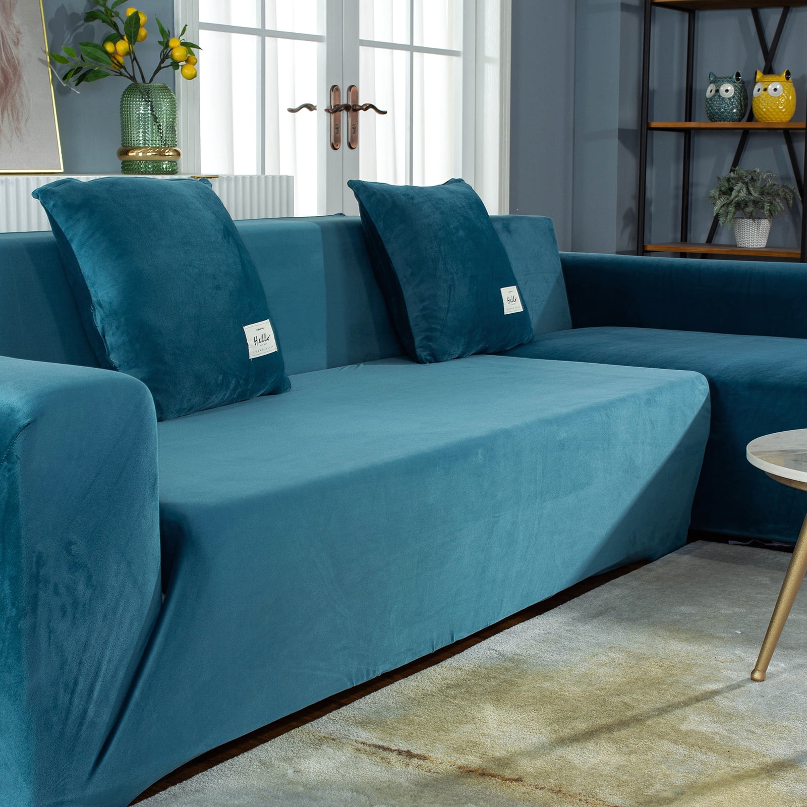 Eurhowing Velvet L-Shaped Sectional Sofa Cover with 4 Pillowcases, Stretch Soft Couch Slipcovers 3 Seater+4 Seater, Sofa Furniture Protector, Lake Blue