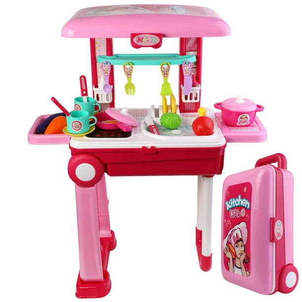 Kids Play Kitchen Set with Lights and Sounds, 2 IN 1 Portable Kitchen