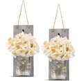 thumbnail image 1 of Rustic Grey Mason Jar Sconces for Home Decor, Decorative Chic Hanging Wall Decor Mason Jars with LED Strip Lights, 6-Hour Timer, Silk Hydrangea, & Iron Hooks for Home & Kitchen Decorations [Set of 2], 1 of 8