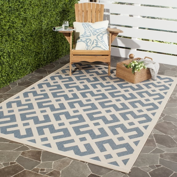 SAFAVIEH Courtyard Alvin Geometric Indoor/Outdoor Area Rug, 4' x 5'7", Blue/Bone